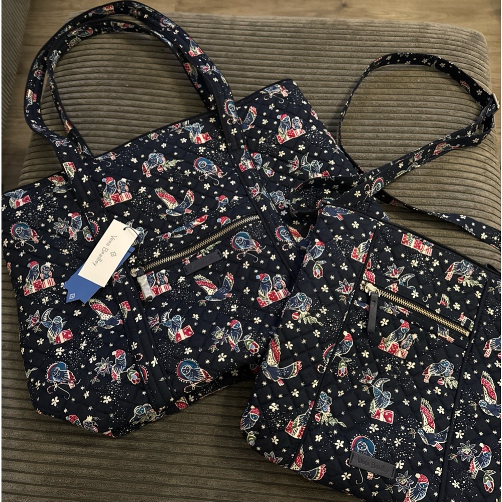 Vera Bradley Iconic Vera Tote & Hipster Set Holiday Owls Navy Background NWT - Picture 1 of 16
